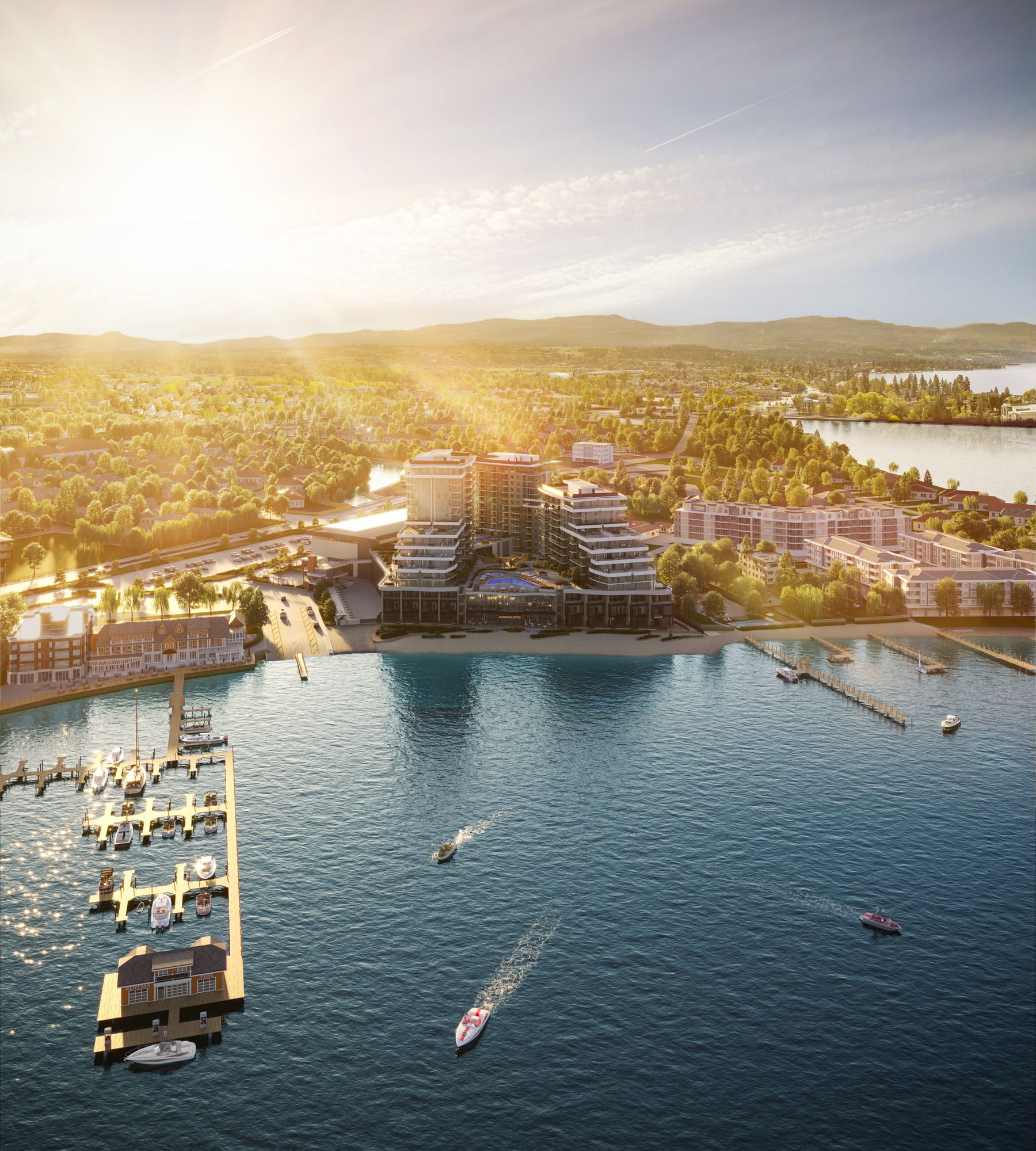 Aerial aqua waterfront village at sunset